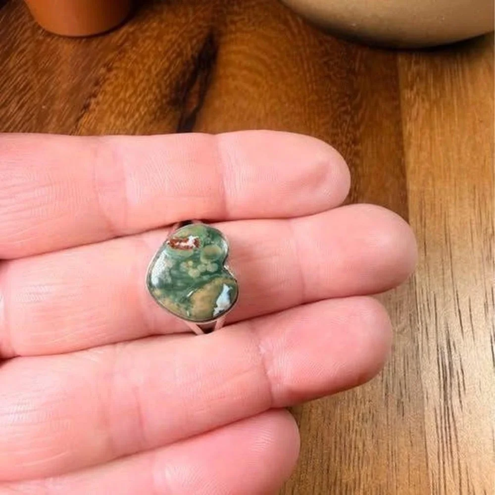 Ocean Jasper Heart Ring - Size 9 - .925 sterling silver.